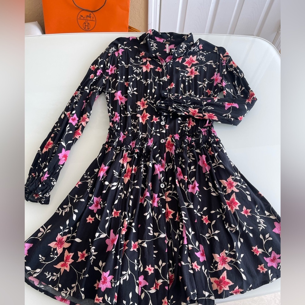 Free People Black and Pink Floral Long Sleeve Dress - Picture 3 of 16